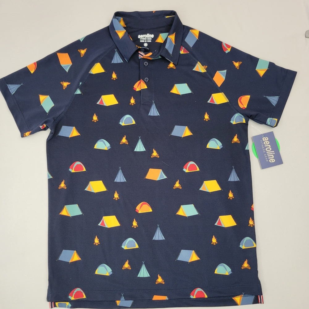 Aeroline Mens Camping Themed Navy Blue Polo Shirt Size Large